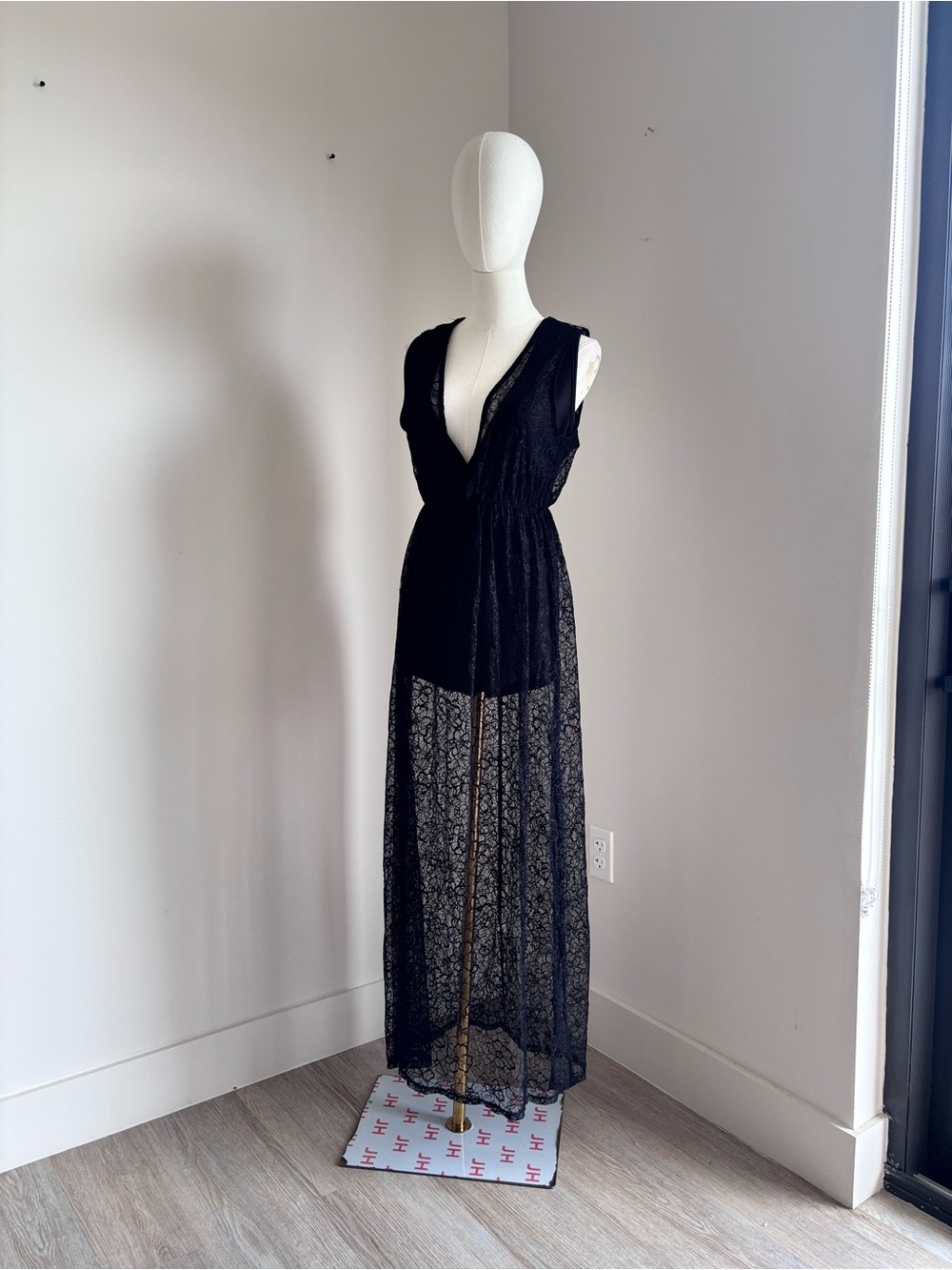 Leith Black Lace Sheer Maxi Bodysuit Plunging V-Neck Dress M